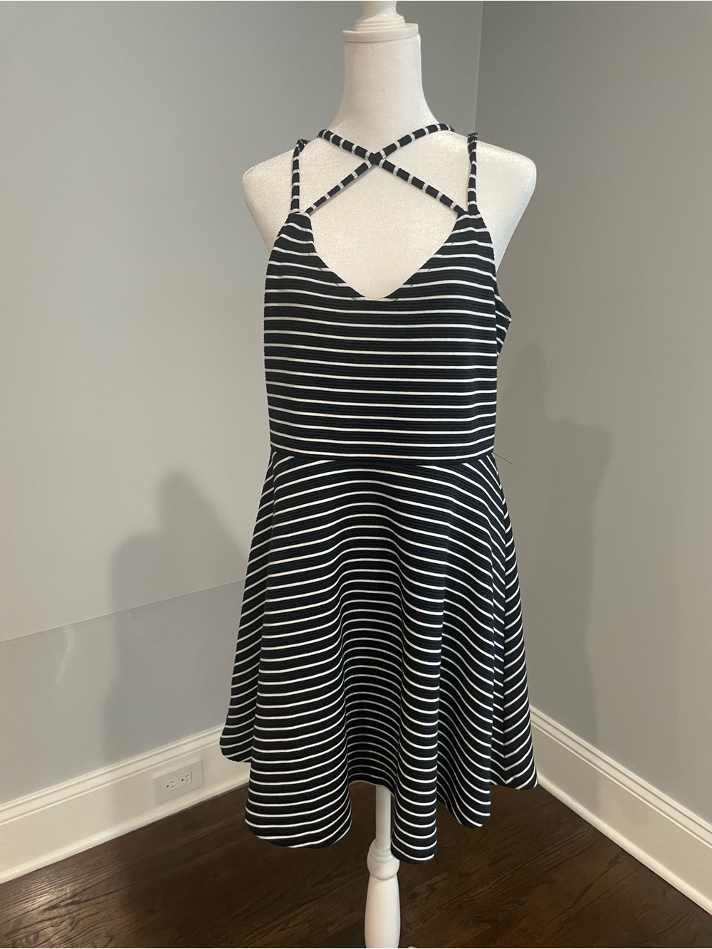 French Connection Black and White Striped Spaghetti Strap Dress